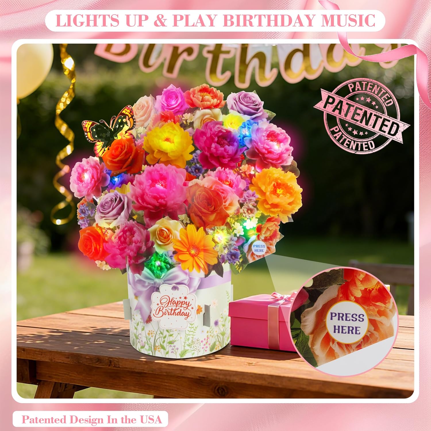 XTF2015 Birthday Cards - Musical & Light-Up Happy Birthday Card | 3D Peony & Butterfly Design