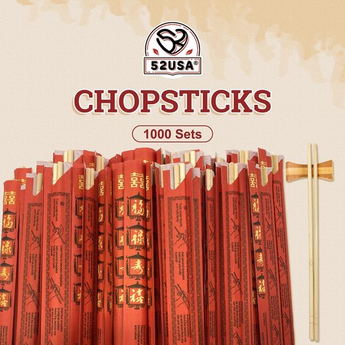 52USA Disposable Bamboo Chopsticks (1000 Sets), Wooden Japanese Chopstick Bulk, 9'' Long Chopsticks Disposable, Individually Wrapped Chinese Chopstick