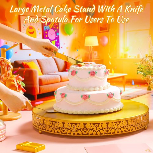 Wenqik 18 Inch Christmas Cake Stand Gold Metal Round Cupcake Dessert Stand with Cake Cutting, Spatula Xmas Cupcake Pastry Display Candy Holder Display for Xmas Wedding Birthday Party(flower, 18 Inch)