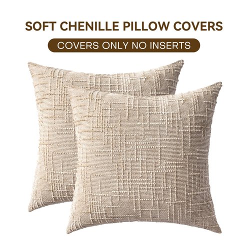 ZSkogur Decorative Throw Pillow Covers 18x18 Inch Set of 2, Soft Solid Farmhouse Chenille Couch Pillows, Spring Pillow Covers for Couch Sofa Bed Living Room Home Decor Pillowcase, Light Khaki