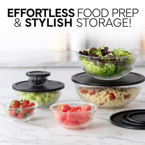 COOK WITH COLOR 12 Pc Glass Mixing Bowl Set with Lids – Borosilicate Glass Nesting Bowls for Cooking, Baking and Meal Prep, Fluted Black
