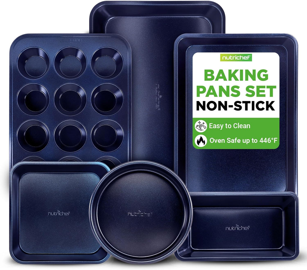 NutriChef 6-Piece Nonstick Baking Pans Set - Carbon Steel Bakeware for Easy Cleaning | Oven & Dishwasher Safe