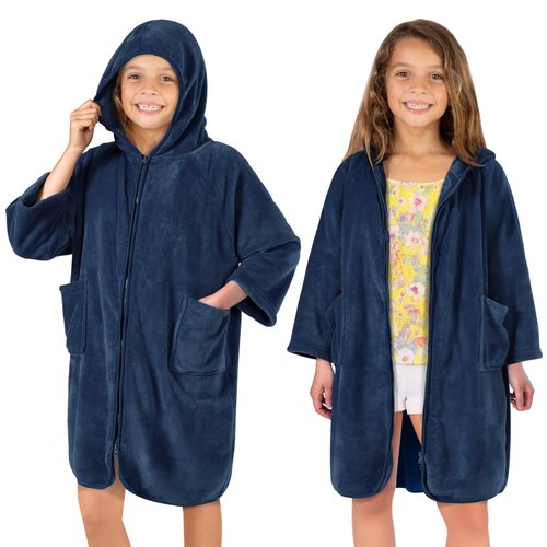 SUN CUBE Hooded Towel Robe for Kids, Zip Up Swim Parka Beach Cover Up for Girls, Surf Poncho for Boys Warm Changing Bath Towel for Pool with Zipper Hood 7-10, Navy Blue