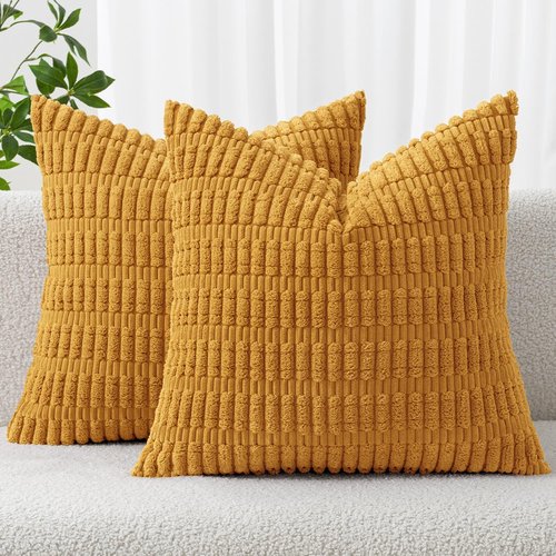MIULEE Corduroy Throw Pillow Covers - Soft Boho Striped Design | 18x18 Inch, Gold Yellow for Modern Home Decor