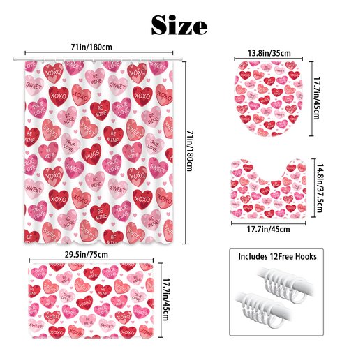 MEHOFOND 4pcs Valentines Shower Curtain Set Pink and Red Conversation Hearts Shower Curtain Sets for Valentine Heart Candy Bathroom Decor Curtains with Non-Slip Rugs Toilet Lid Cover and Bath Mat