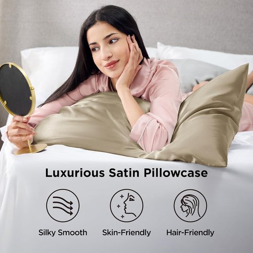 Bedsure Satin Pillowcases - Luxurious Silk-Like Queen Size Set of 2 | Envelope Closure, Khaki, 20x30 Inches