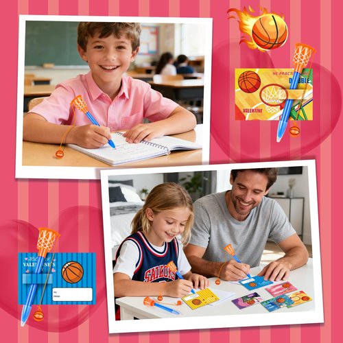 24 Pcs Valentine’s Day Basketball Hoop Pens Bulk with Greeting Cards Basketball Themed Party Favors Sport Novelty Pens School Classroom Office Gifts Exchange Goodie Bag Stuffers for Kids Teens Adults