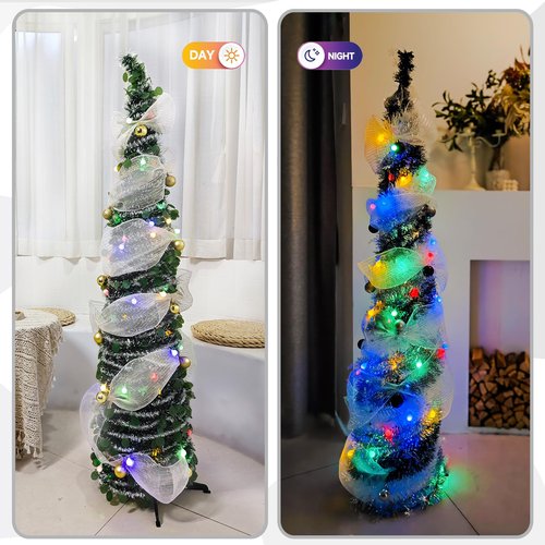 5FT Pop-Up Christmas Tree with 10-inch X 1.6 Feet Metallic Mesh Ribbon, Multi-Color 50 LED String Lights，10 Decorative Balls for DIY, Ideal for Indoor/Outdoor Christmas Decoration