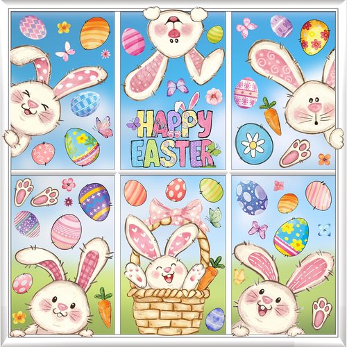 JMHACHY Easter Window Clings - 9 Sheets 103 Pcs Reusable Easter Bunnies Decorations for Home Office, Rabbits Eggs Stickers for Glass, Double-Sided Large Window Decals