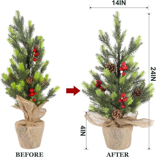 Juegoal 24-Inch Pre-Lit Christmas Pine Tree - Warm White Fairy Lights | Tabletop Decor with Burlap Base