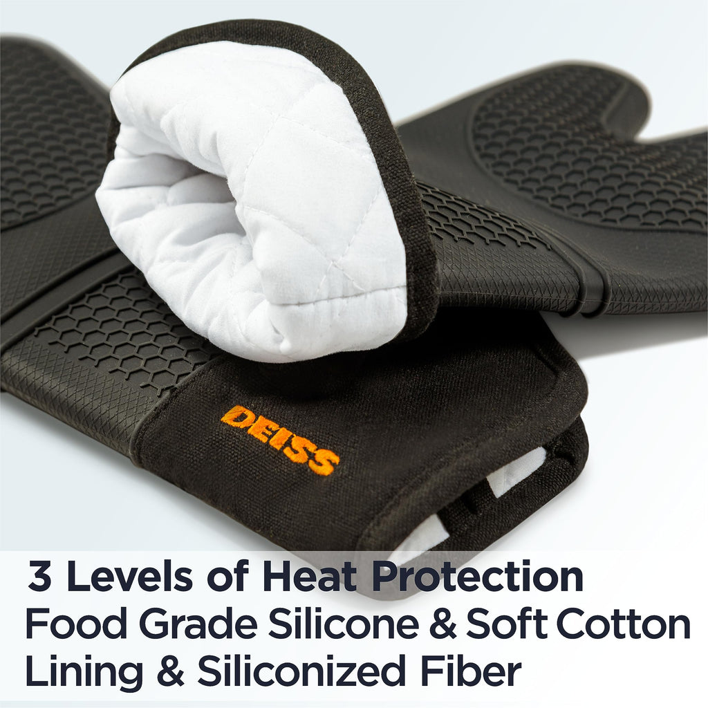 Deiss PRO Heat and Stain Resistant Silicone Oven Mitts Set, Soft Cotton Lining BBQ Gloves, Waterproof, Extra Long Flexible Thick Kitchen Mitts for Cooking, Non-Slip Grip Oven Gloves