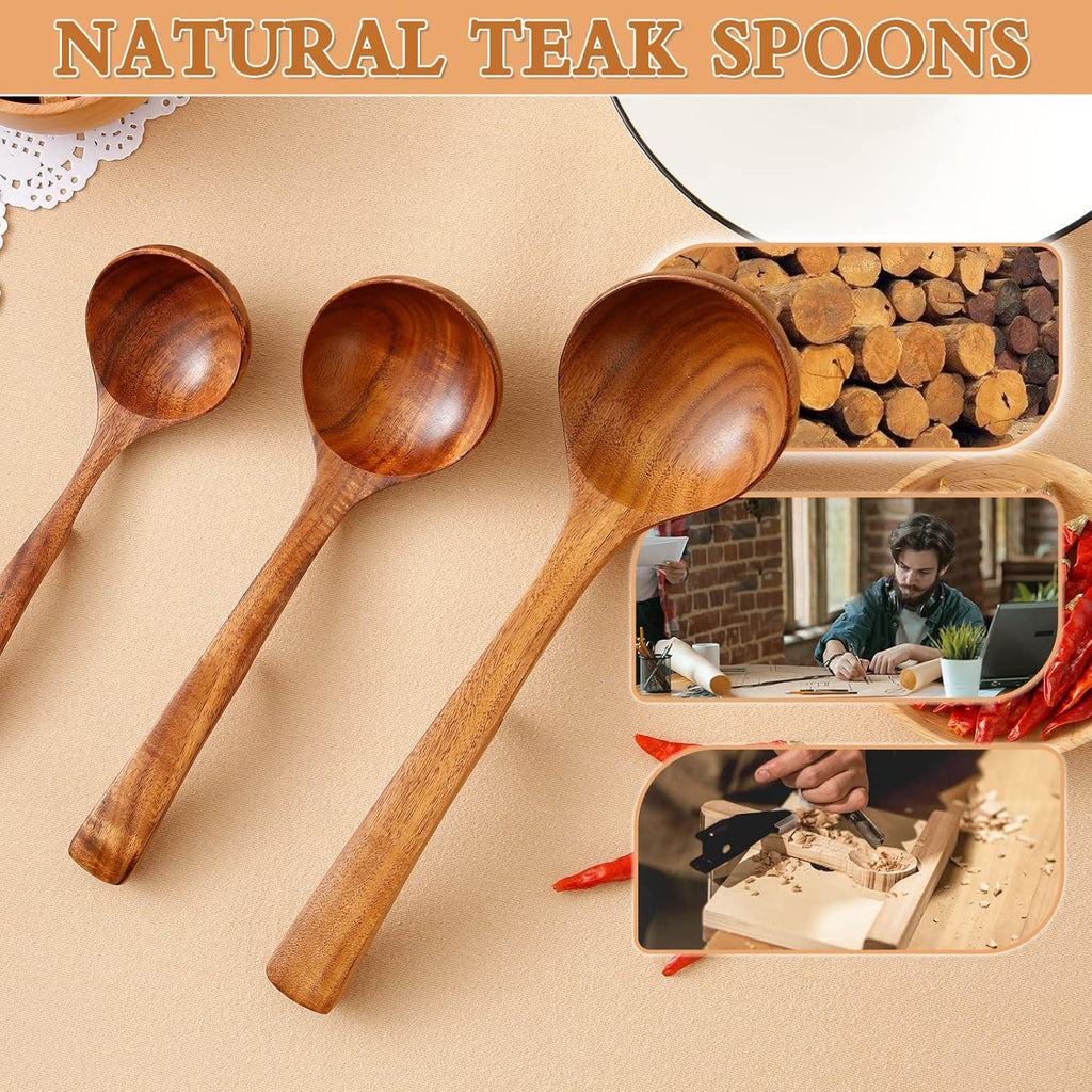 Skiennix Wooden Ladle - Natural Teak Cooking Spoon Set | Non-Stick, 3 Sizes Available