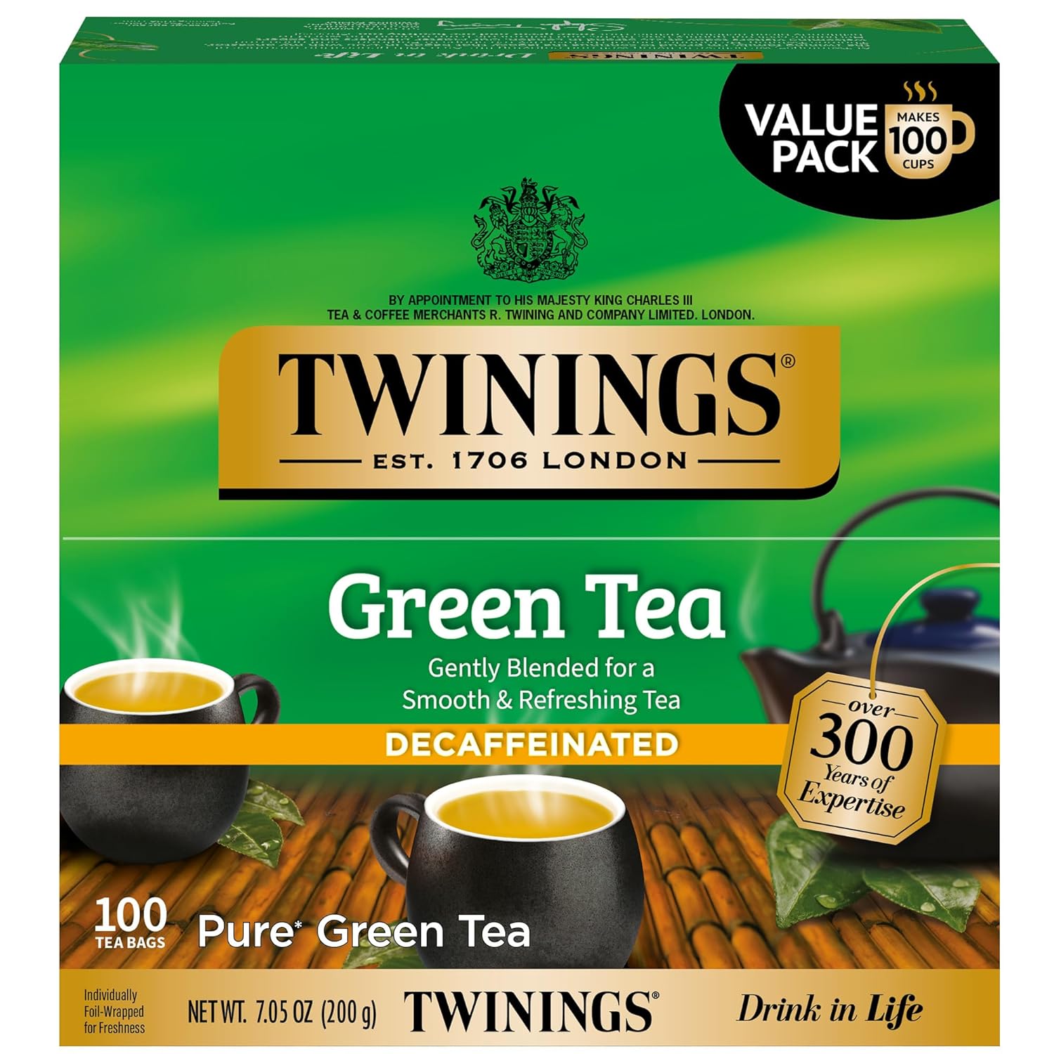 Twinings Decaffeinated Green Tea - Smooth Flavor & Enticing Aroma - 100 Individually Wrapped Teabags