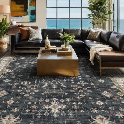 Hazo Haus Boho Area Rug - Washable 7x9 Black Dining Room Rug | Low Pile Non-Slip Design for Farmhouse Decor