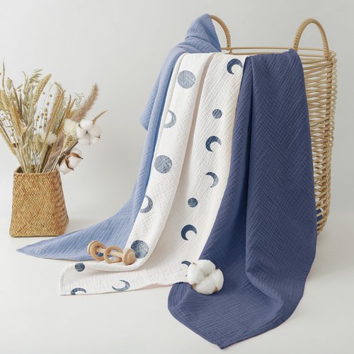 Bearmoss Muslin Swaddle Blankets, 40 x 38 inches Baby Swaddle for Boys and Girls, Soft Baby Blanket, 3 Pack Breathable Nursery Receiving Blankets (Bluemoon)