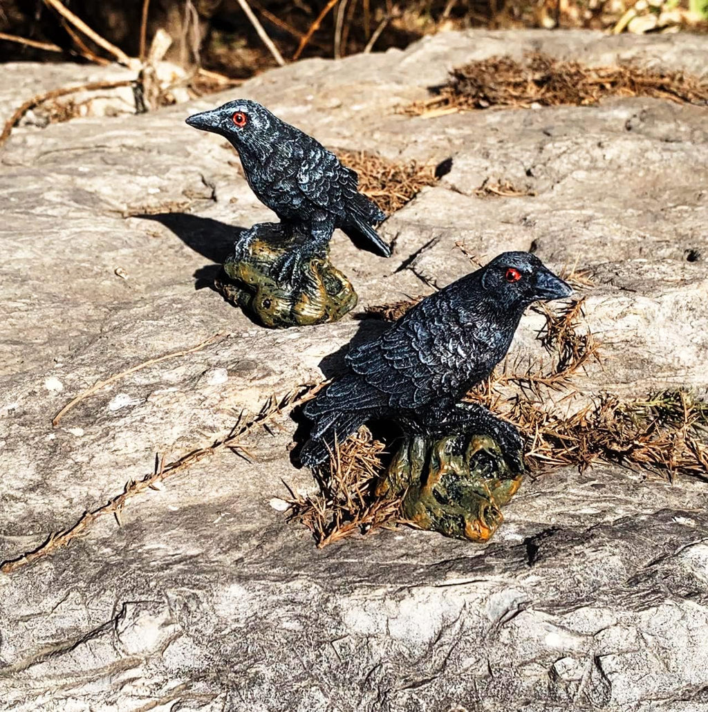 Skiennix 2PCS Resin Crow Raven Statues - Black Bird Halloween Decor | Realistic Design