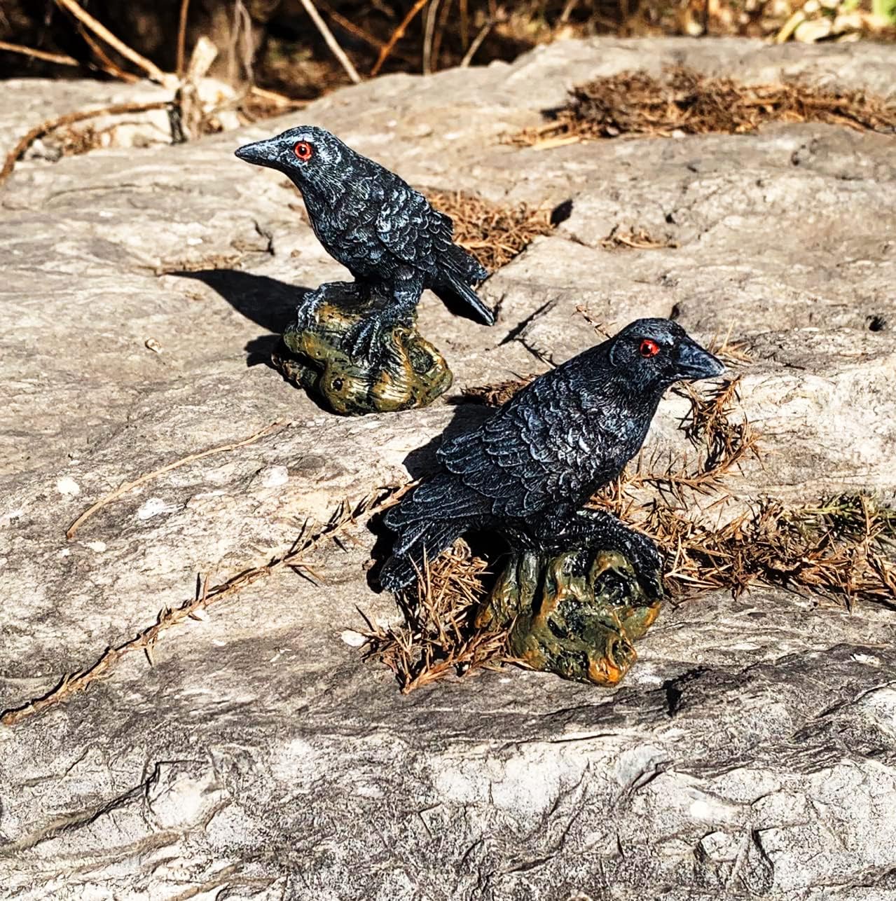 Skiennix 2PCS Resin Crow Raven Statues - Black Bird Halloween Decor | Realistic Design