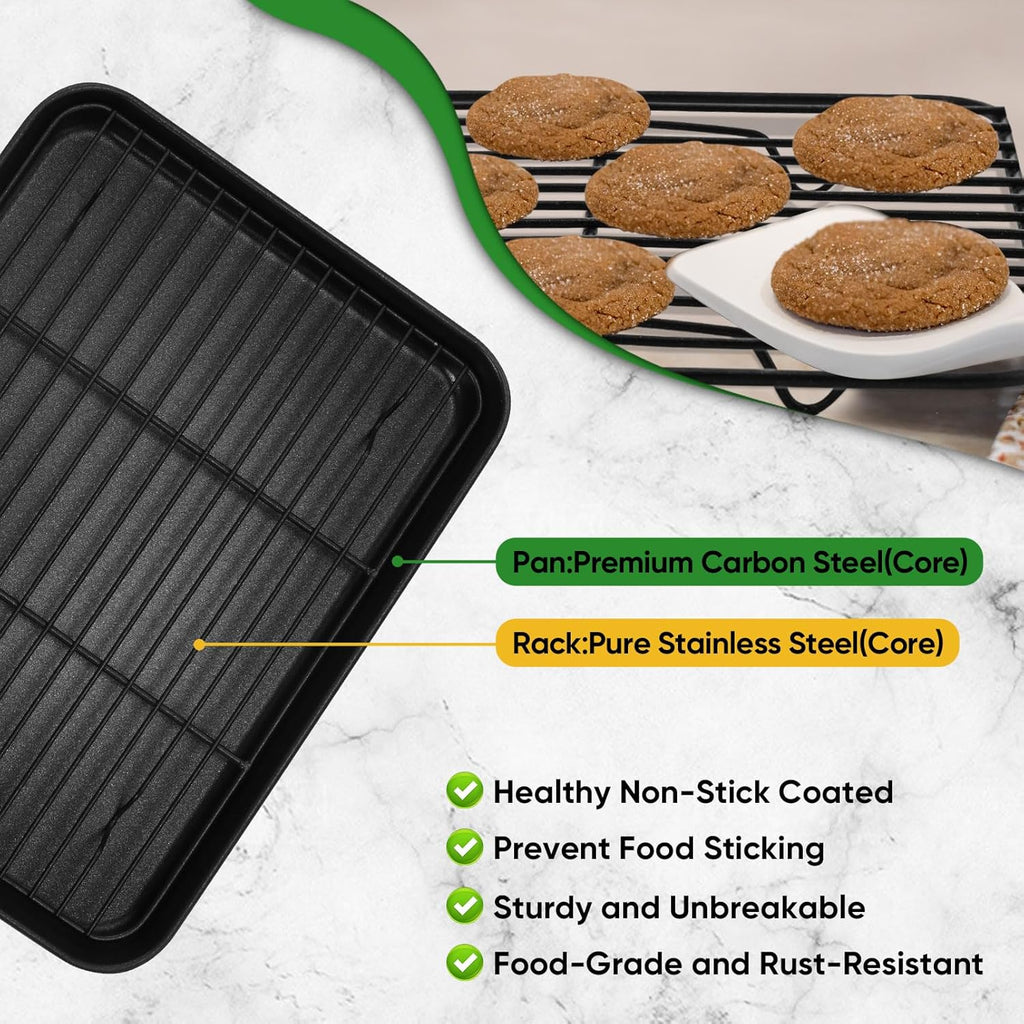 P&P CHEF Nonstick Baking Sheet Pan with Cooling Rack - Easy Clean Oven Tray, Black, 10.4 x 8 Inch