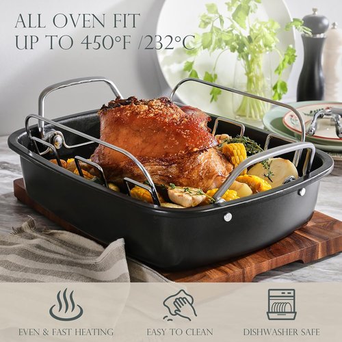 KITESSENSU Nonstick Turkey Roasting Pan - Heavy Duty 17 x 14 Inch Chicken Roaster with Rack - Ideal for 24lb Turkey, Gray