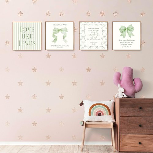 LARTSFRO Coquette Wall Art Decor - Sage Green Bow Inspirational Bible Verses | Set of 4 Unframed 10x10 Inch Pictures