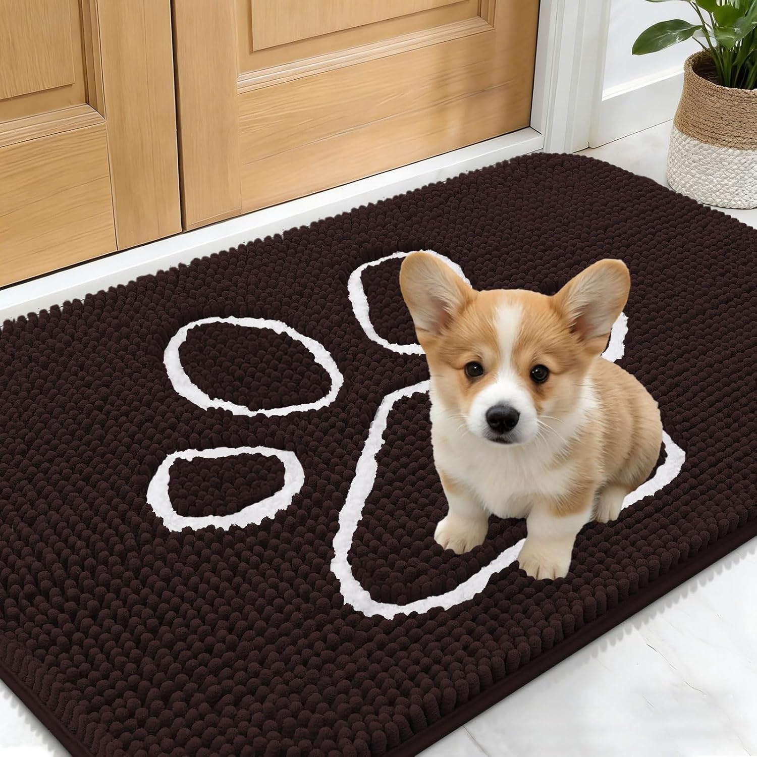 OLANLY Dog Door Mat - Absorbent Non-Slip Mud Mat for Paws | 24x16 Paw Print Design in Brown