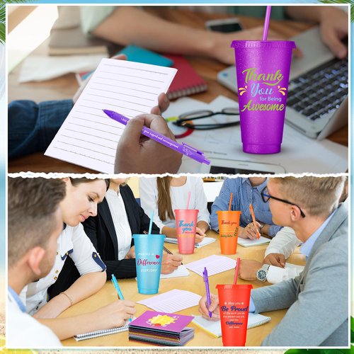 Feifeiya 72 Pcs/ 24 Set Thank You Gifts Bulk 24 oz Employee Staff Dispatcher Appreciation Tumbler with Lids and Straws Motivational Pens Inspirational Notepads Plastic Cup Gift (awesome, Colorful 2)