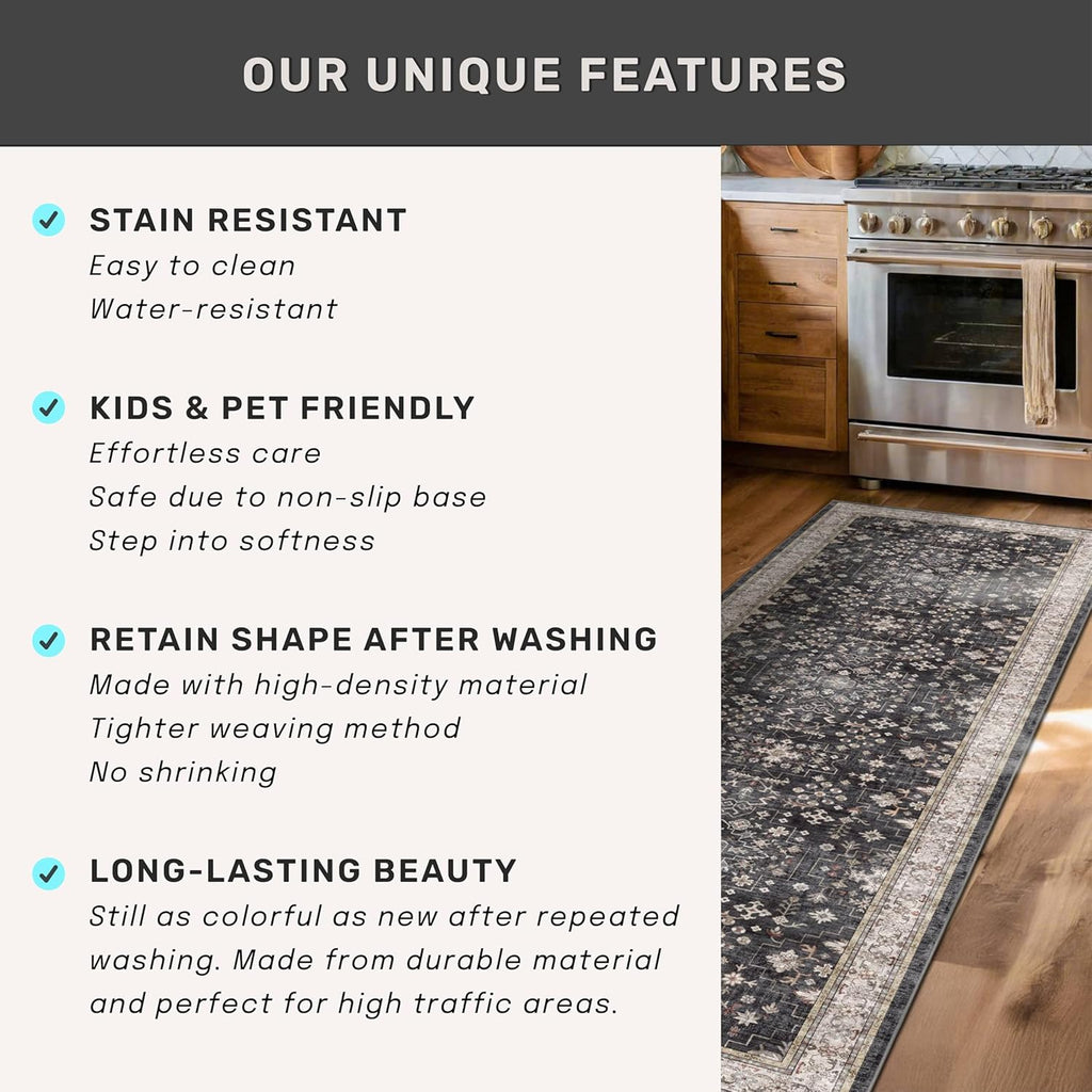 Skiennix Black Boho Washable Entry Rug - Non-Slip Rubber Backing | 3x4 Indoor Mat for Kitchen & Bathroom