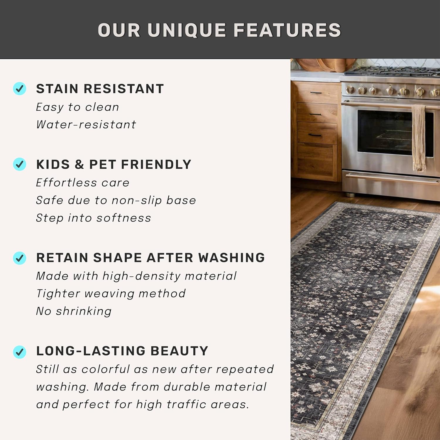 Skiennix Black Boho Washable Entry Rug - Non-Slip Rubber Backing | 3x4 Indoor Mat for Kitchen & Bathroom
