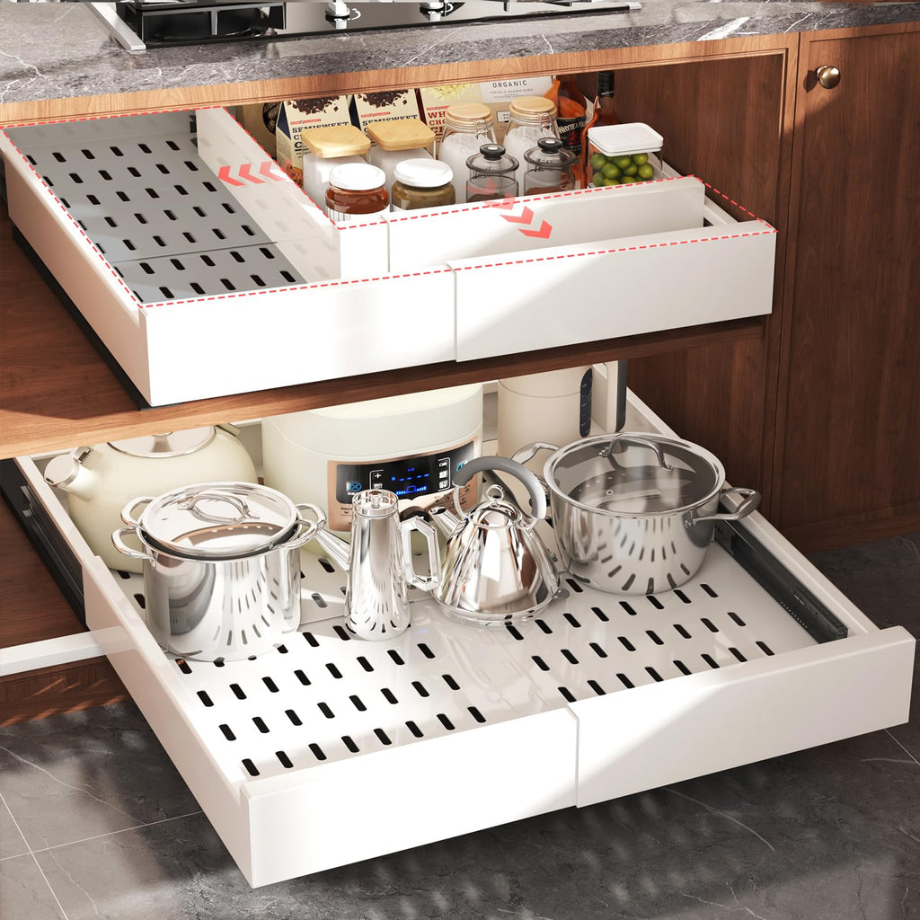 Seinloes 1 Pack Pull Out Cabinet Organizer Expandable Width(13"-21") and Depth(17"-24"), Slide Out Drawers With Raising Pad for Framed Cabinets, No Drill Roll Out Shelves for kitchen, Bathroom, White