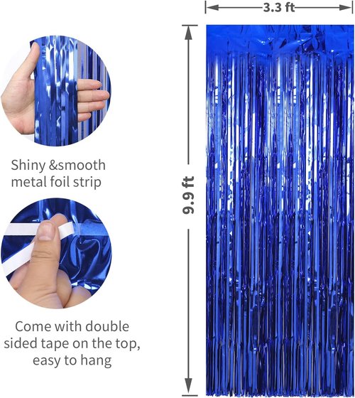 Crosize Dark Blue Foil Fringe Curtains - 2 Pack 3.3 x 9.9 ft Tinsel Backdrop for Parties & Birthdays
