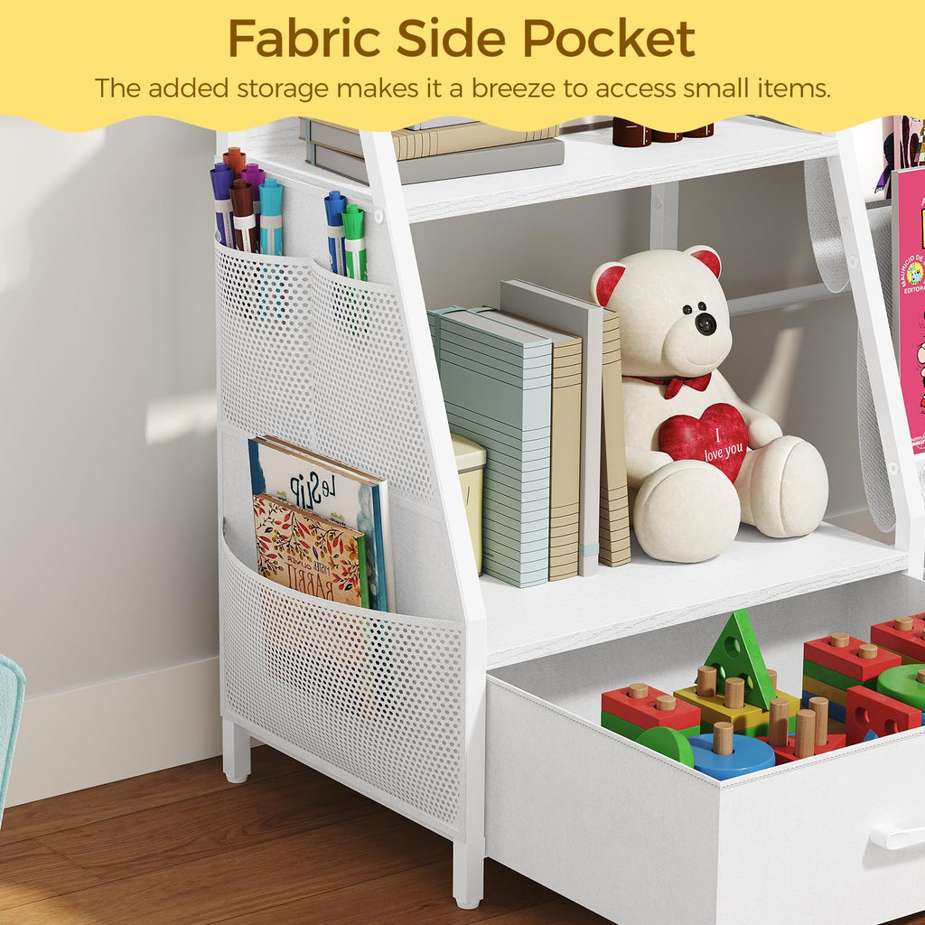 MAHANCRIS Kids Bookshelf and Toy Storage,3-Tier Sling Bookcase for Kids,Sturdy Toddler Bookshelf for Nursery,Playroom, Bedroom,White KBWT8401