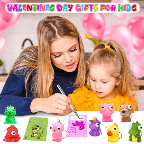 vewicokop Valentine's Day Cards for Kids School with Pop-Eye Animal Keychains,24 Pack Squeezy Fidget Toys with Pop Out Eyes for Classroom Exchange Prizes, Party Favors,Kids Valentine Gifts Set