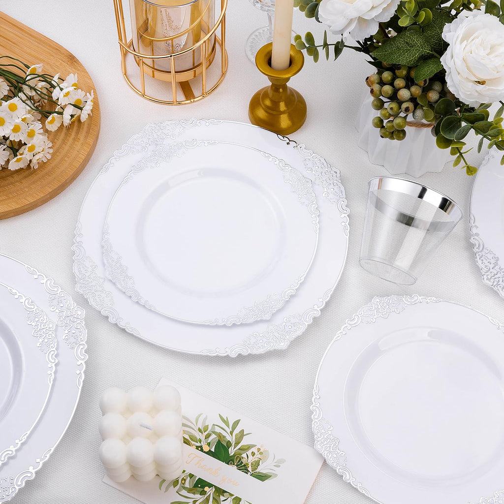 Bestluck 100 PCS White and Silver Plastic Plates for 50 Guests, Rose Gold Disposable Plates Include 50 PCS Dinner Plates, 50 PCS Dessert Plates for Party, Wedding and Baby Shower