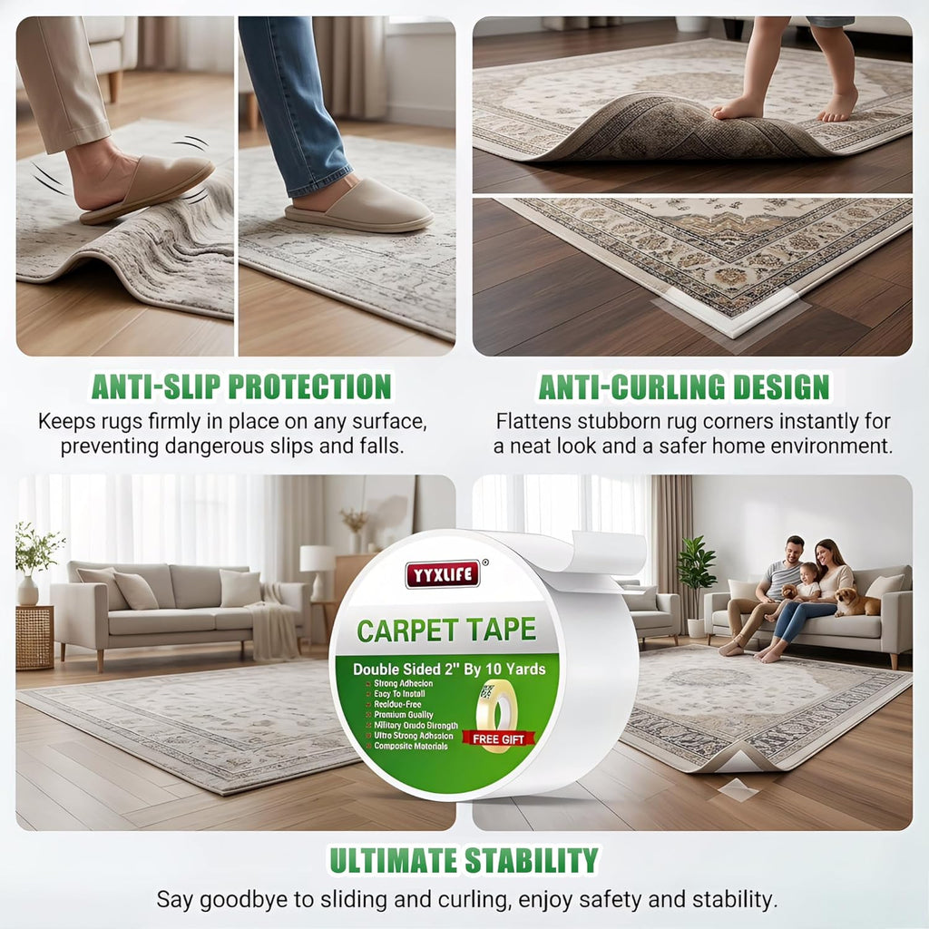 YYXLIFE Double-Sided Rug Tape | Strong Adhesive for Hardwood Floors - Non-Slip, Residue-Free, 2" x 10 Yards, White