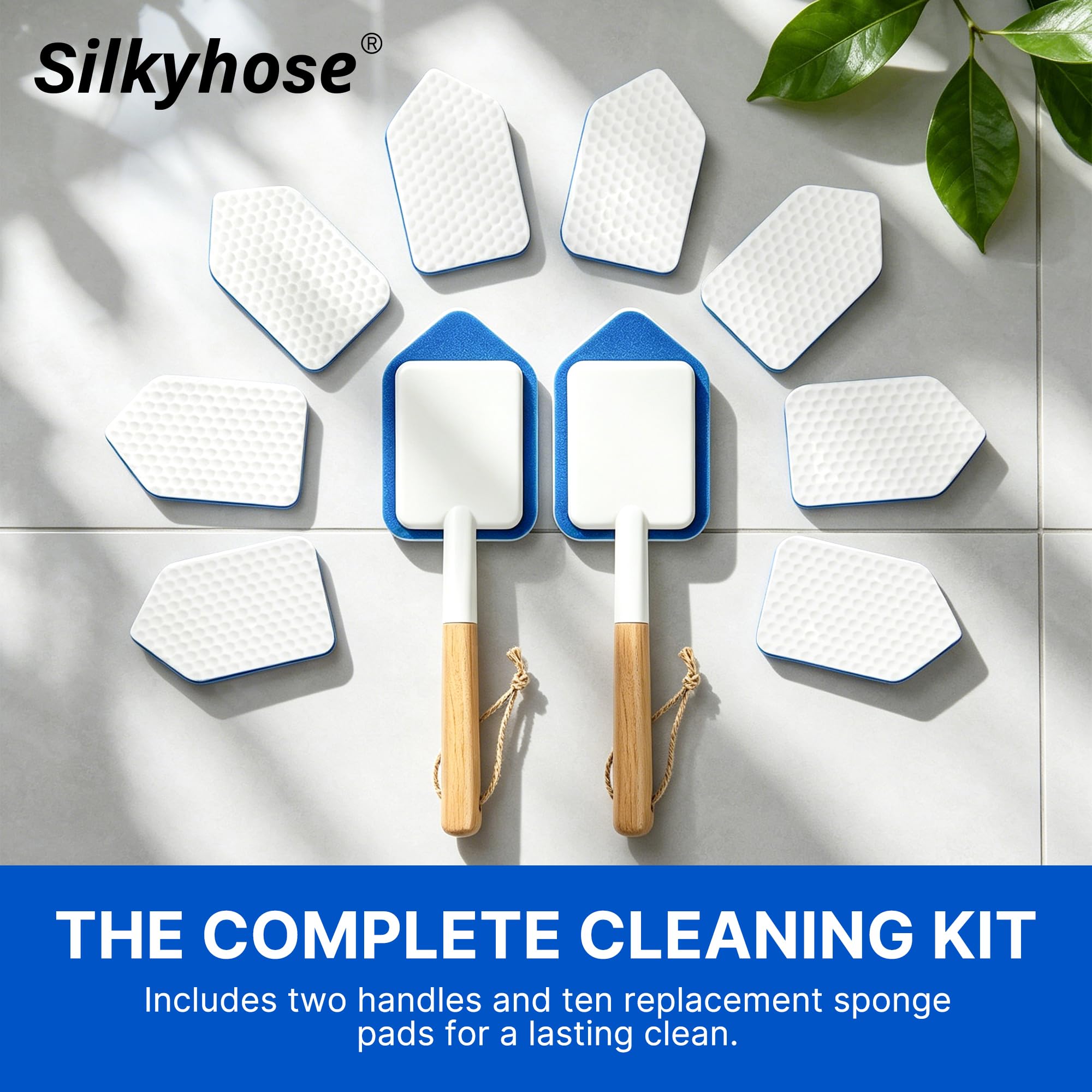 Tub Tile Scrubber Brush – 2 Pack with Wooden Handle, Includes 10 Melamine Sponge Eraser Heads | Non-Scratch Cleaner for Bathtub, Shower Wall, Grout, Kitchen Sink
