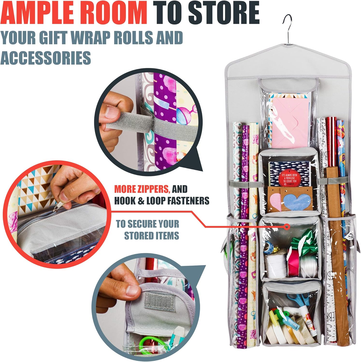 Skiennix Double-Sided Gift Bag & Wrap Organizer - Light Grey, Space-Saving Design