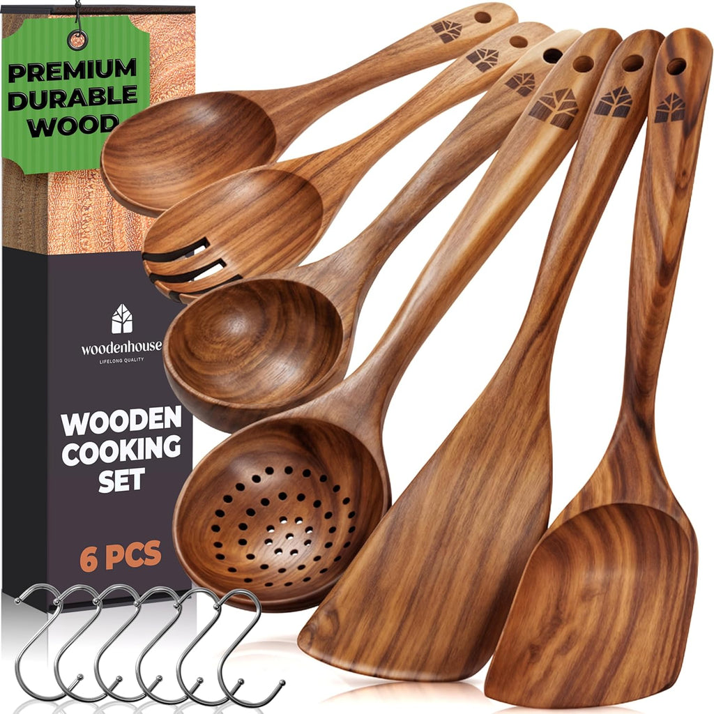 Skiennix Wooden Spoons for Cooking - 6-Piece Premium Teak Utensil Set | Durable, Nonstick, Easy to Clean