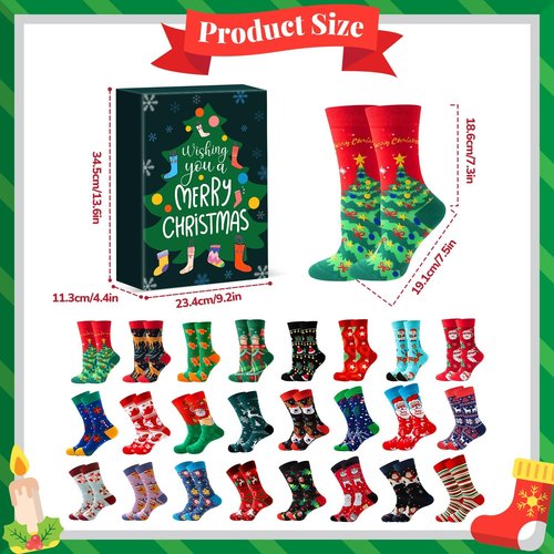 MOVINPE Christmas Socks Advent Calendar - 24 Pairs of Funny Crew Socks for Adults | Warm Cotton Countdown to 2025