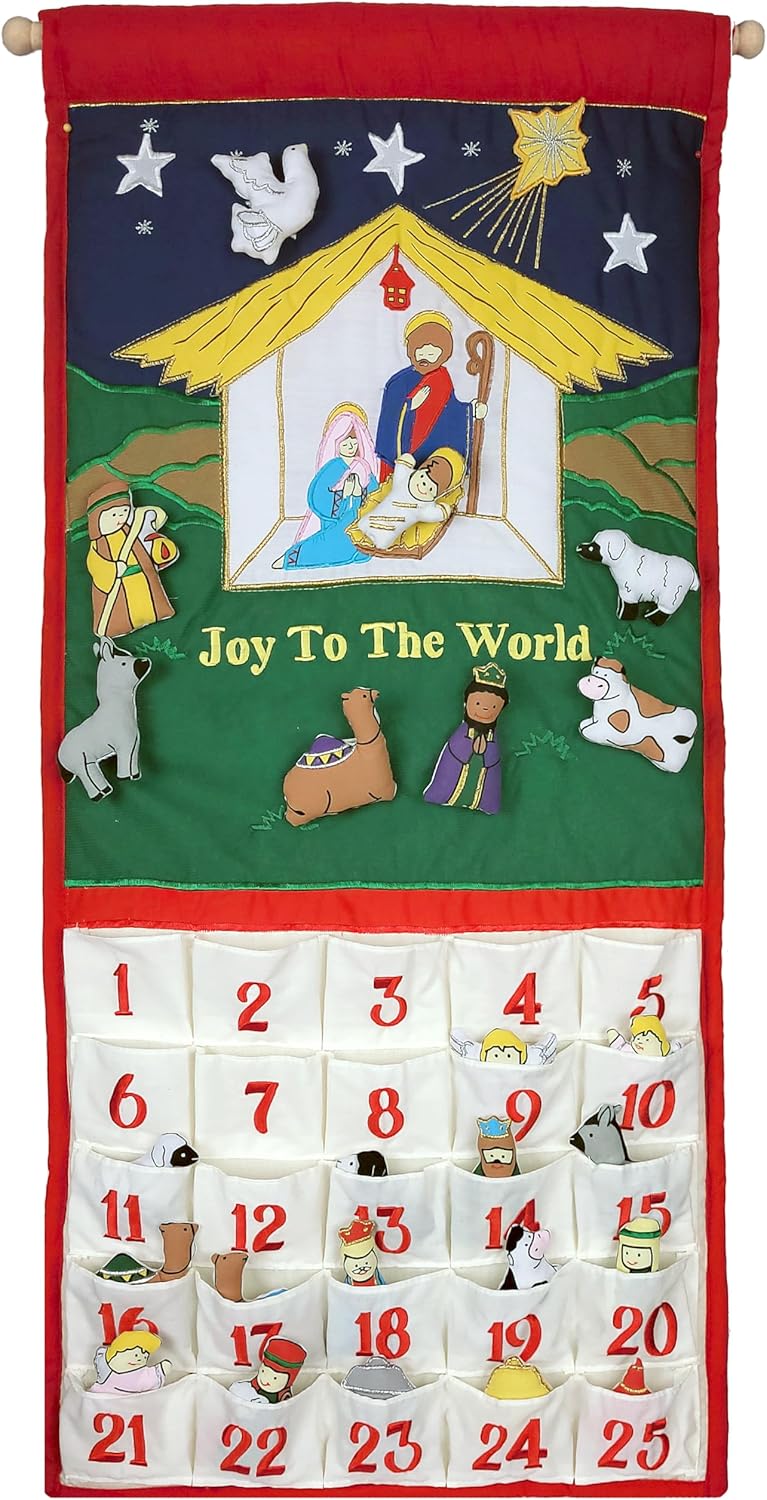 Pockets of Learning Joy To The World Traditional Nativity Advent Calendar - Holiday Décor, Fabric Wall Hanging, Christmas Countdown