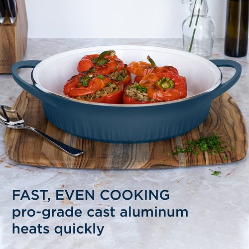 CorningWare QuickHeat 4-QT Cast Aluminum Braiser With Lid, Nonstick Ceramic Interior, Lightweight and Fast Even Heat Baking & Cooking, For Meats, Soup, Browning, Searing, French Navy