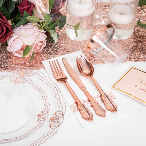 Ciaell 175 PCS Rose and Gold Plastic Plates - Fancy Rose Gold Disposable Dinnerware Set with of 50 Plates, 25 Knives, 25 Forks, 25 Spoons, 25 Cups, 25 Napkins for Wedding & Party & Easter