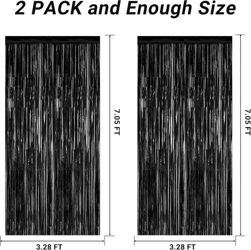 2026 Graduation Party Decorations | 2 Pack Black Backdrop with Metallic Fringe Tinsel Curtains - 3.28 FT x 7.05 FT
