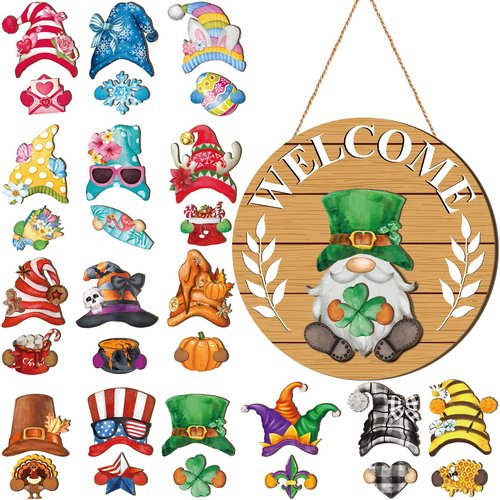 Qunclay Interchangeable Wooden Gnome Decor Holiday Seasonal Gnome Decorations with Magnet Pieces and Detachable Hats Changeable Welcome Sign for Home(Fresh Style)