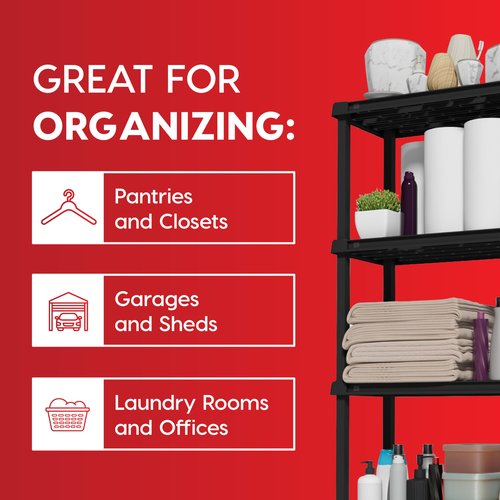 IRIS USA 5-Shelf Light Duty Plastic Storage Shelves, 250lb Capacity, 64" H x 24" W x 12" D, Medium Modular Shelving Unit Storage Organizer for Bathroom, Laundry, Garage & Home, Storage Rack - Black