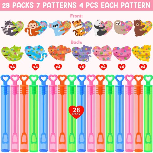 LEASEN Valentines Day Gifts for Kids, 28 Pack Mini Bubble Wands with Greeting Cards Valentines Animal Themes for Kids, Valentine's Day Classroom Exchange Gifts School Prizes Party Favor