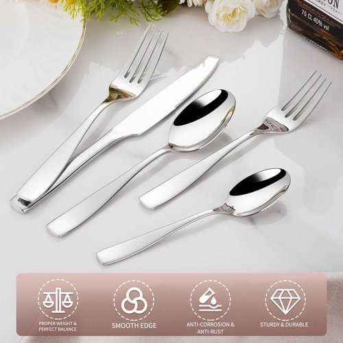 40-Piece 18/10 Stainless Steel Flatware Set for 8, Heavy Duty Silverware Set, Modern Weighted Silverware, Dishwasher Safe Knives Forks and Spoons Set