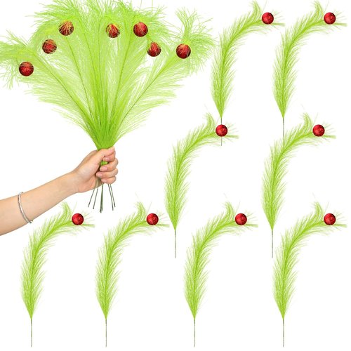 Yuxung 8 Pcs Christmas Tree Topper 17'' Lime Green Curly Tree Picks and Sprays with Red Ball Xmas Artificial Green Greenery Stems for Christmas Home Wreath Craft Vase Fillers Decoration Supplies