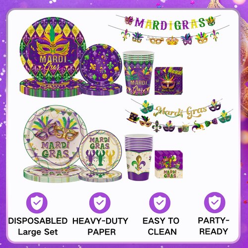 170 PCS Mardi Gras Plates and Napkins Purple and Gold Party Supplies Set Disposable Dinnerware Set for 24 Guests Mardi Gras Decorations (B White)