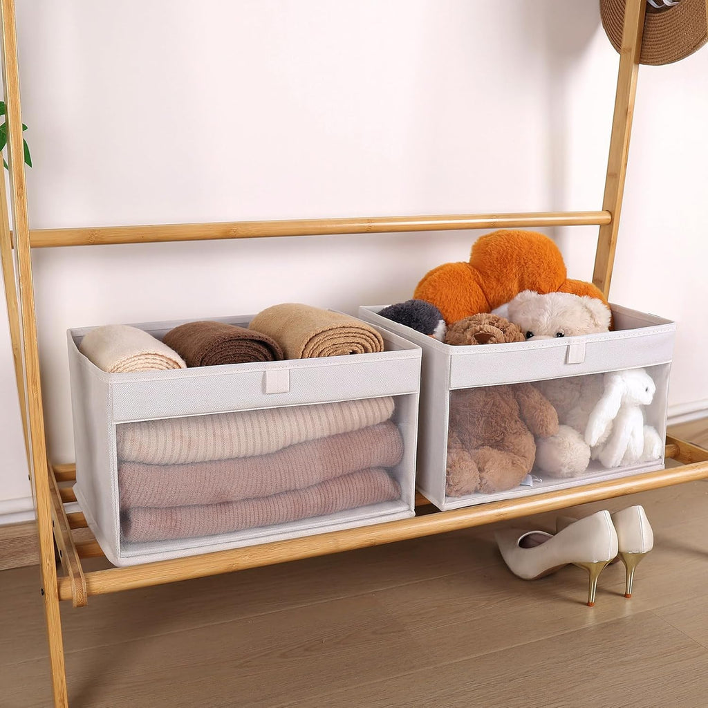 WUIKE Fabric Storage Bins - Large Foldable Organizer Baskets with Clear Window | Beige, 3-Pack