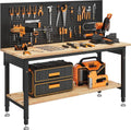 CAMMOO 60" Adjustable Height Work Bench - Heavy Duty Rubberwood Tabletop with Storage Shelf & LED Light